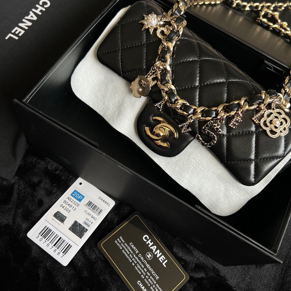 CHANEL Lambskin Quilted Mini Coco Charms Rectangular Flap Black  - Gold Hardware